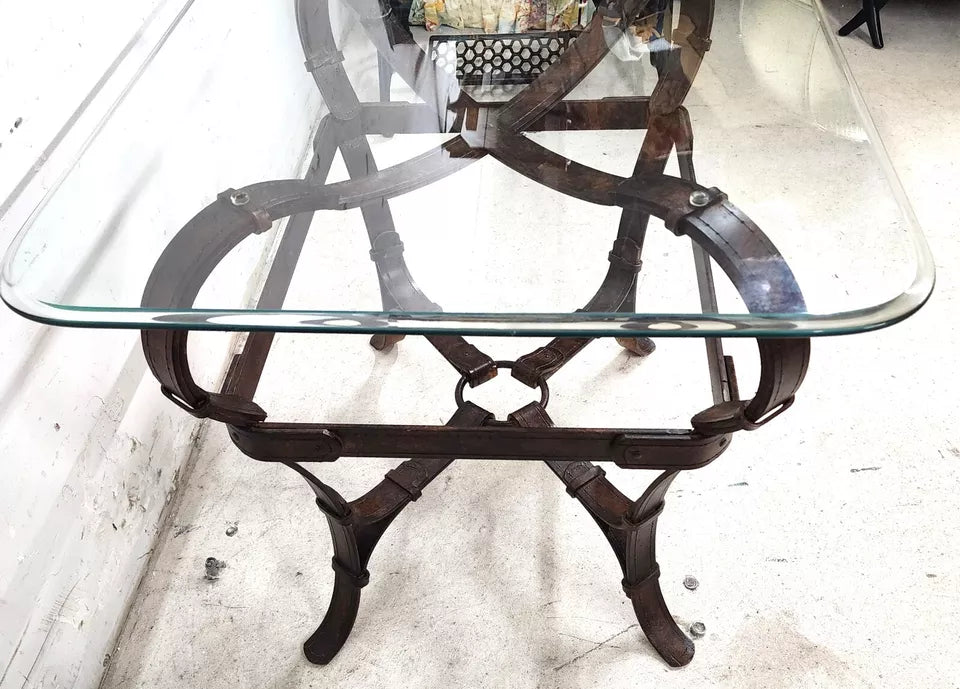 Jaques Adnet Hermes Style Side Table Trompe l'Oeil Leather Straps