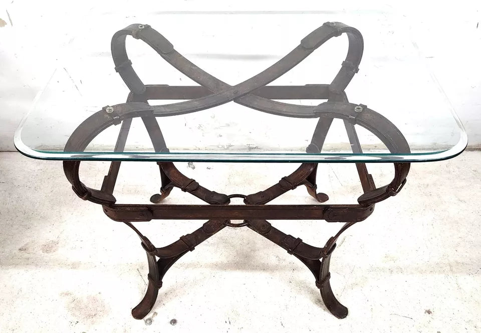 Jaques Adnet Hermes Style Side Table Trompe l'Oeil Leather Straps