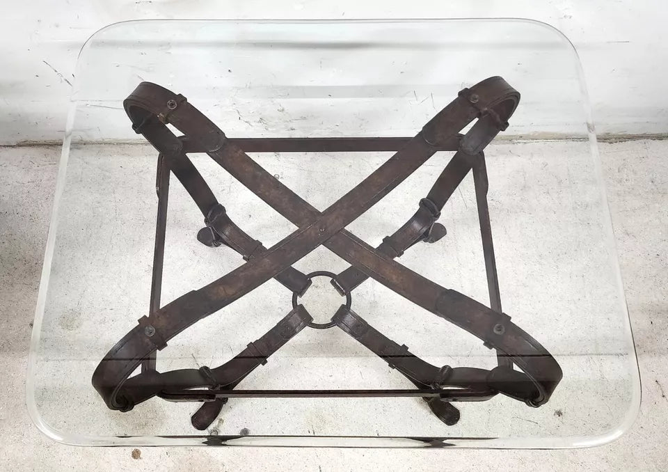 Jaques Adnet Hermes Style Side Table Trompe l'Oeil Leather Straps