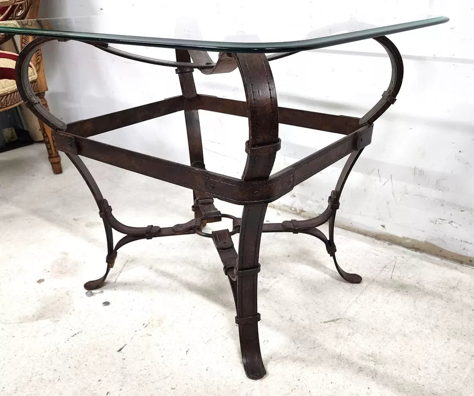 Jaques Adnet Hermes Style Side Table Trompe l'Oeil Leather Straps