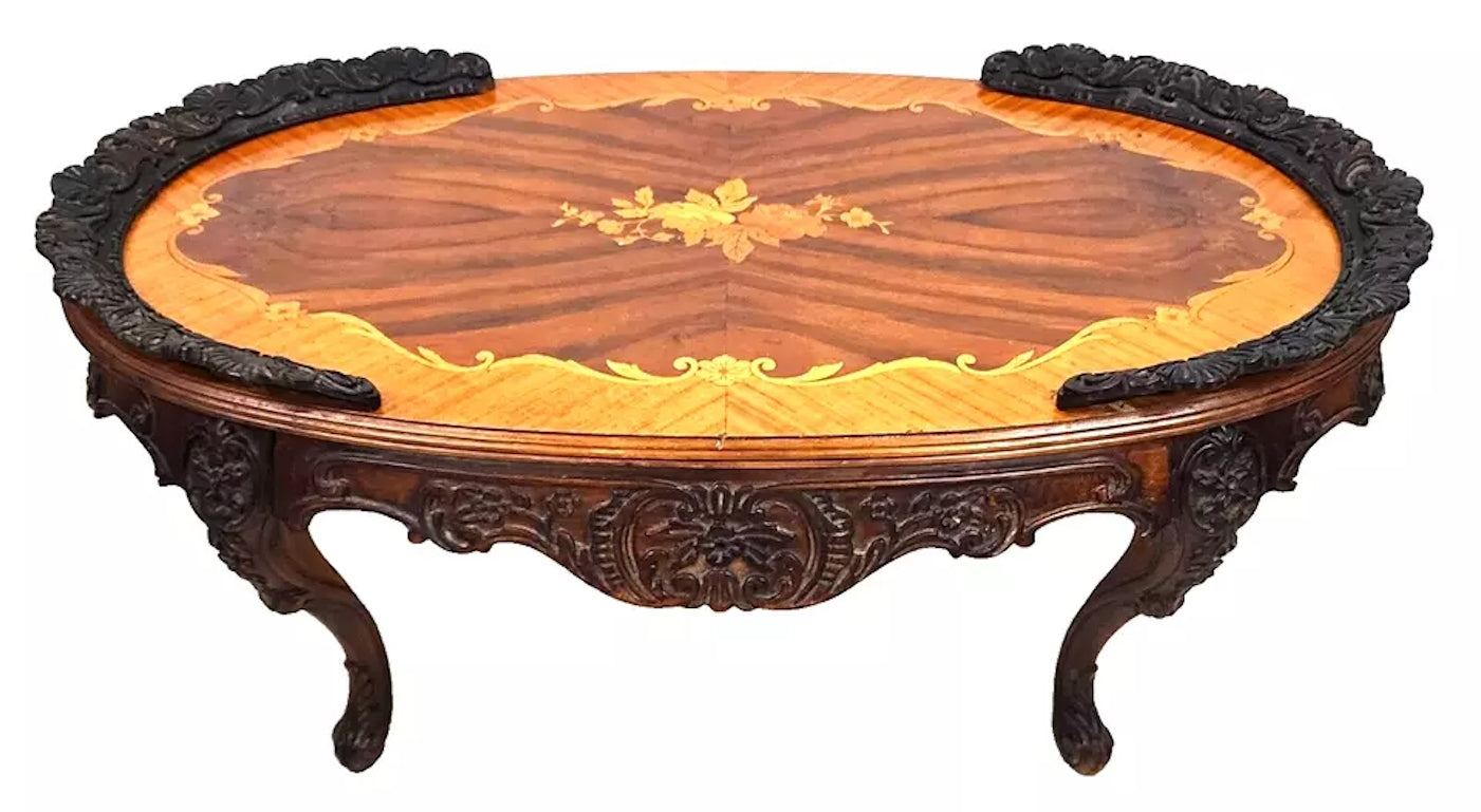 French Louis XV Coffee Table Walnut Marquetry