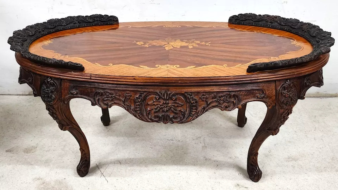 French Louis XV Coffee Table Walnut Marquetry
