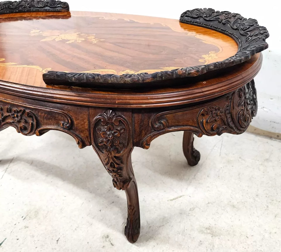French Louis XV Coffee Table Walnut Marquetry