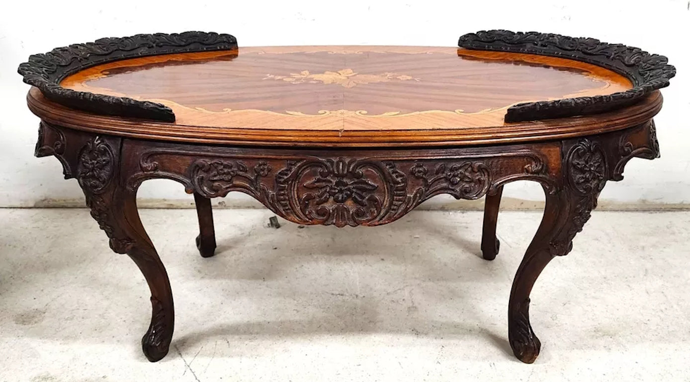 French Louis XV Coffee Table Walnut Marquetry