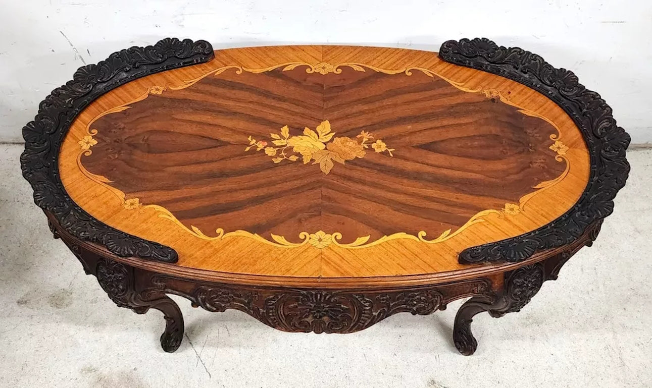 French Louis XV Coffee Table Walnut Marquetry