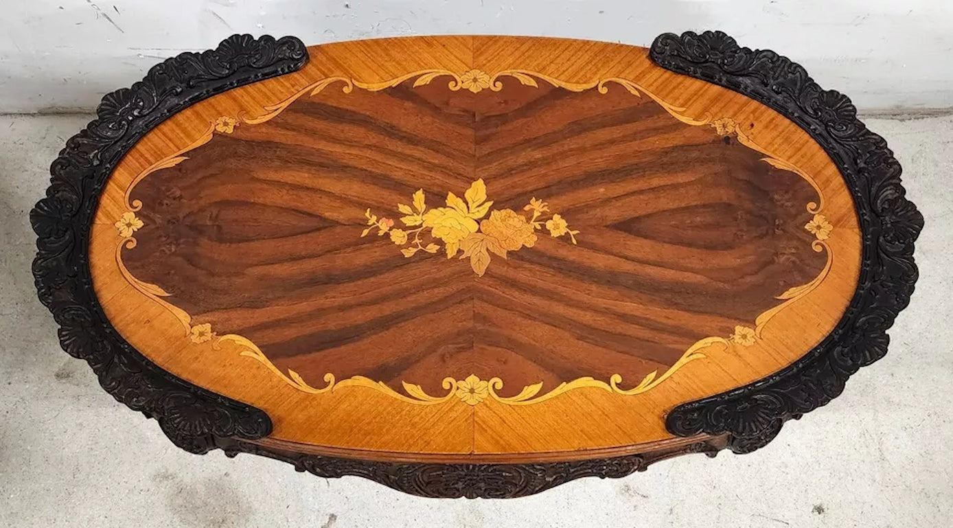 French Louis XV Coffee Table Walnut Marquetry