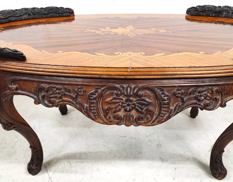 French Louis XV Coffee Table Walnut Marquetry
