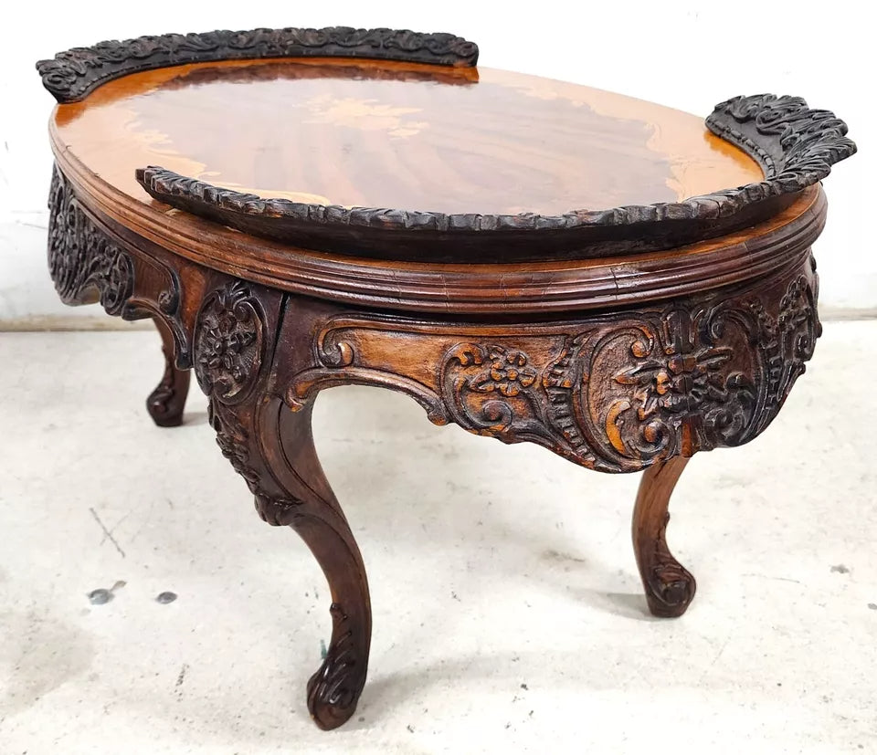 French Louis XV Coffee Table Walnut Marquetry
