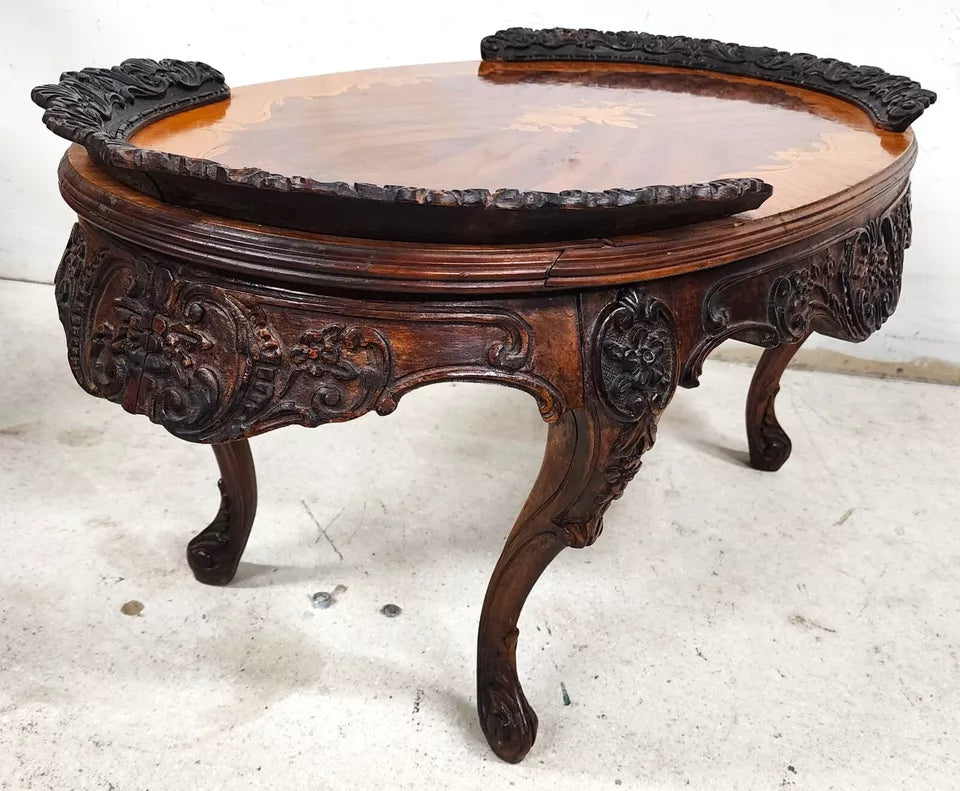 French Louis XV Coffee Table Walnut Marquetry