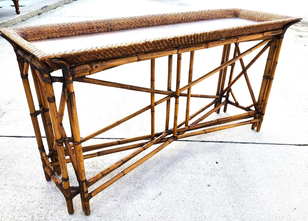McGuire Style Bamboo Coconut Console Table Huge 6 foot