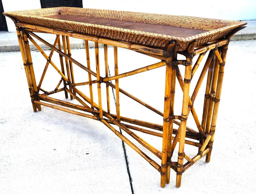 McGuire Style Bamboo Coconut Console Table Huge 6 foot
