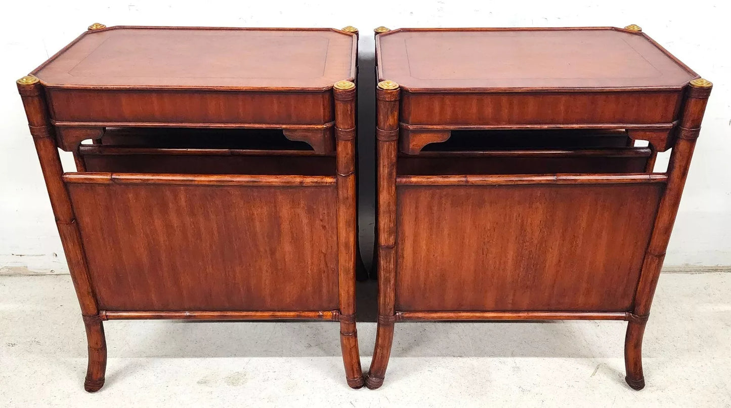 Mahogany Bamboo Rattan End Magazine Tables Pair