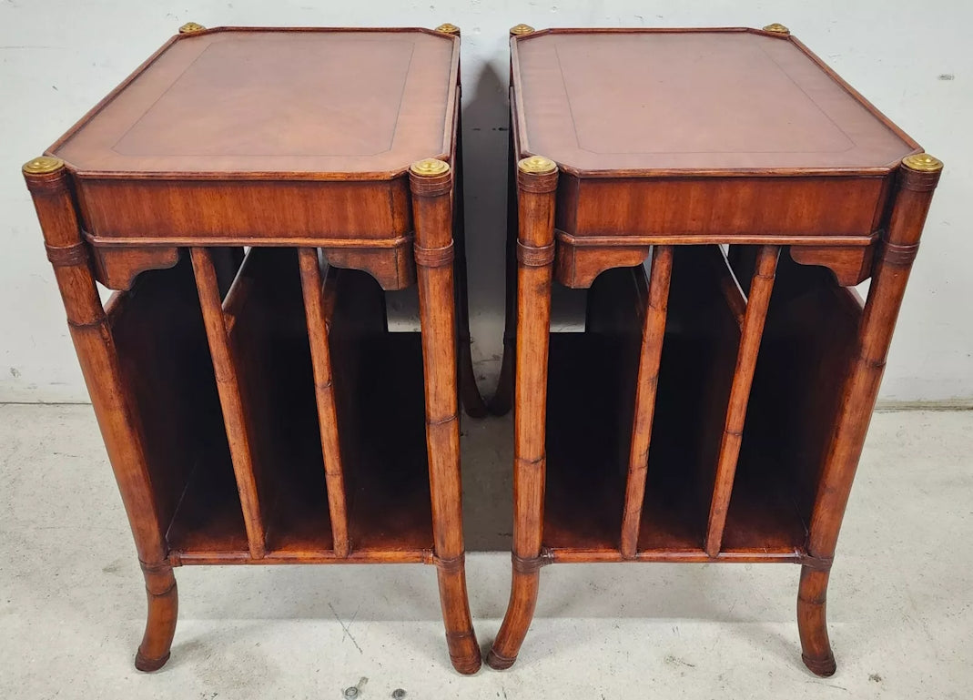 Mahogany Bamboo Rattan End Magazine Tables Pair