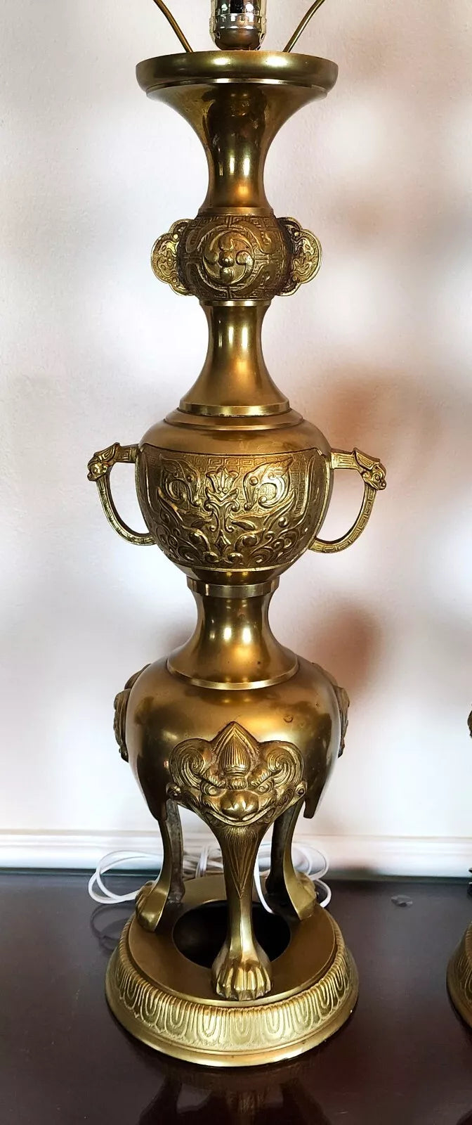 James Mont Style Foo Dog Chinoiserie Brass Lamps Vintage Pair