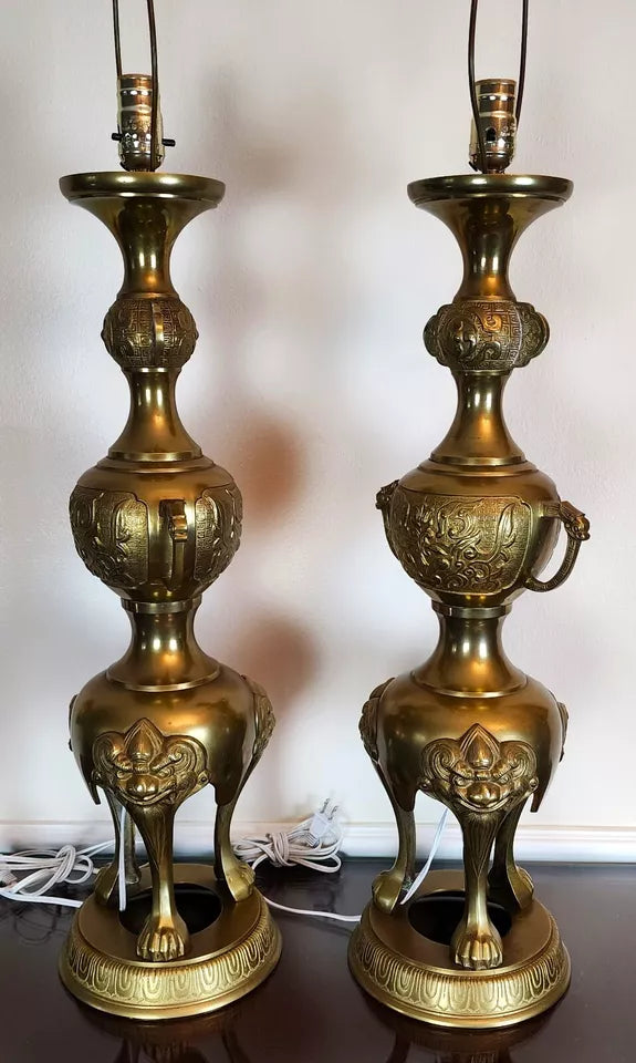 James Mont Style Foo Dog Chinoiserie Brass Lamps Vintage Pair