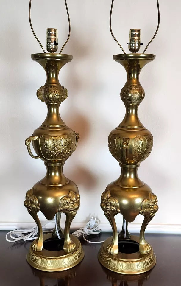 James Mont Style Foo Dog Chinoiserie Brass Lamps Vintage Pair