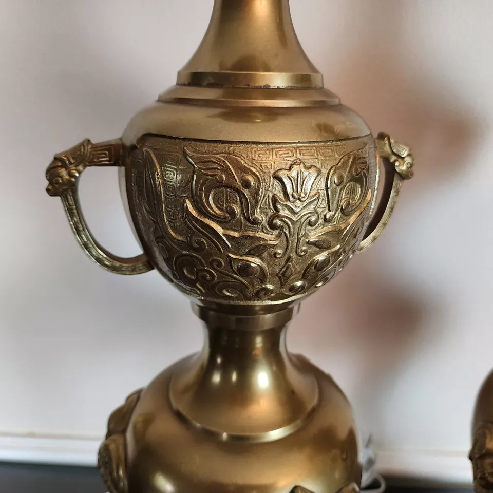 James Mont Style Foo Dog Chinoiserie Brass Lamps Vintage Pair