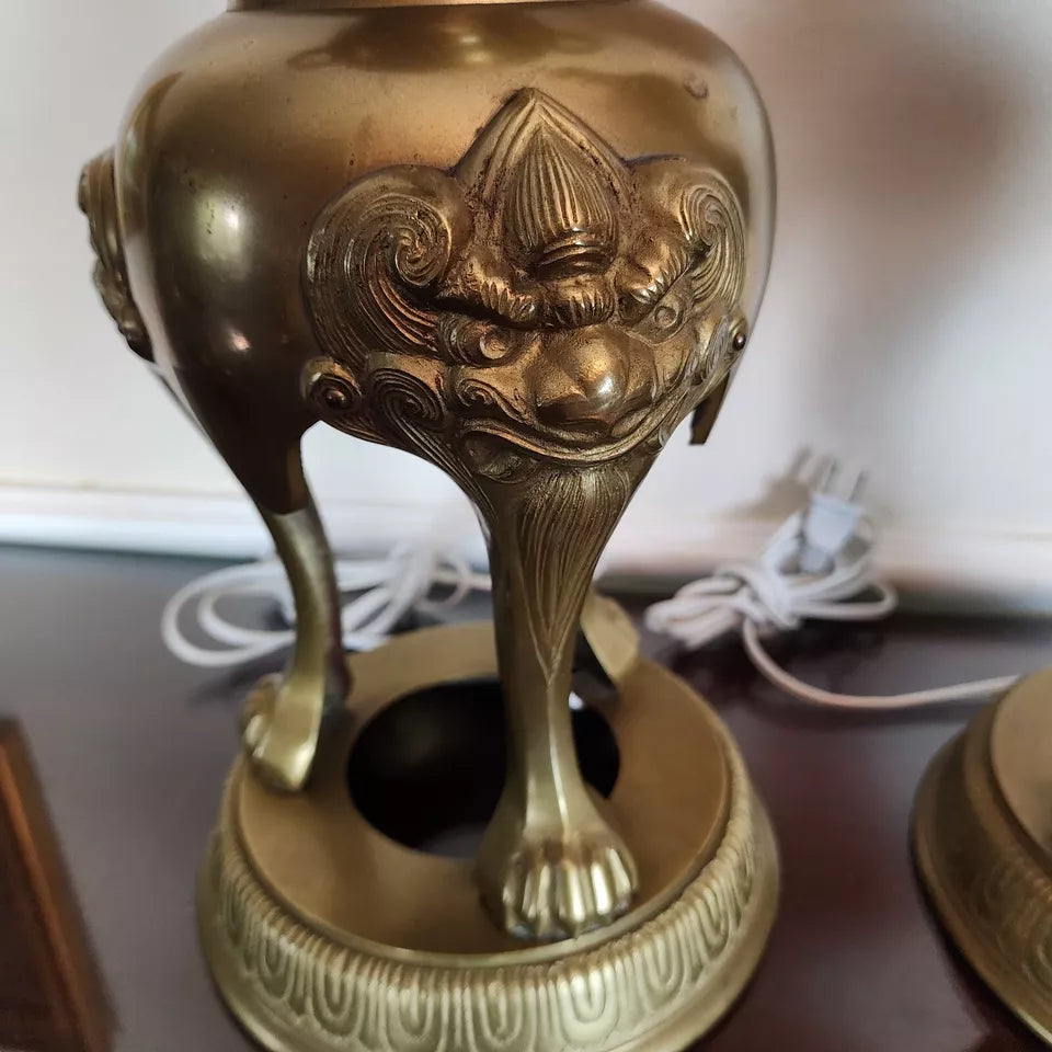 James Mont Style Foo Dog Chinoiserie Brass Lamps Vintage Pair