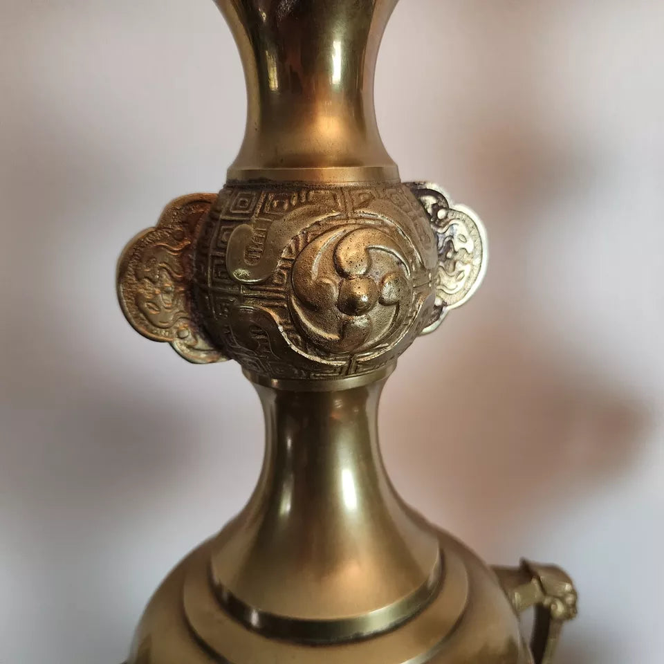 James Mont Style Foo Dog Chinoiserie Brass Lamps Vintage Pair