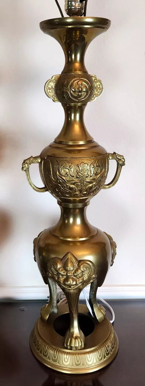 James Mont Style Foo Dog Chinoiserie Brass Lamps Vintage Pair