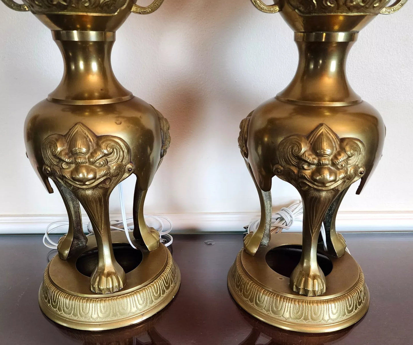James Mont Style Foo Dog Chinoiserie Brass Lamps Vintage Pair