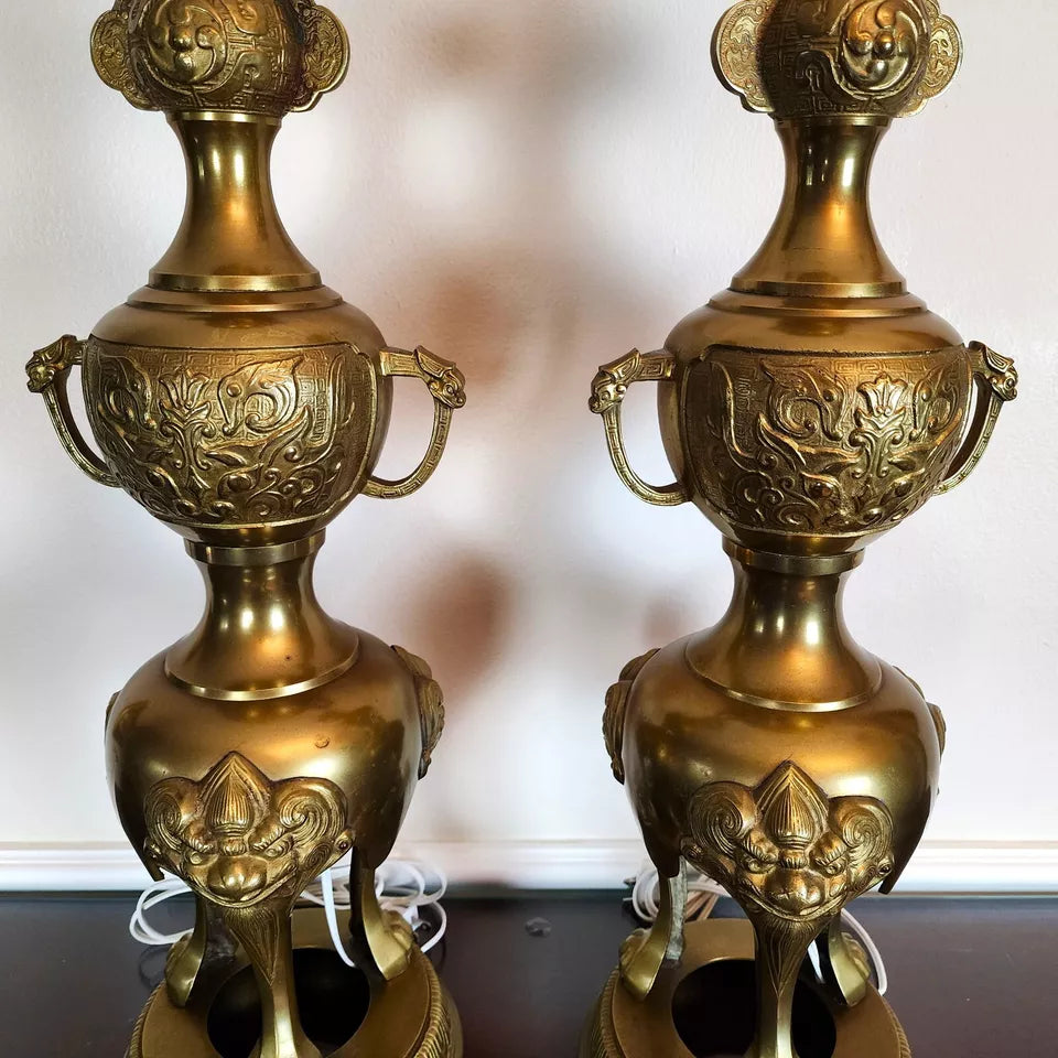 James Mont Style Foo Dog Chinoiserie Brass Lamps Vintage Pair