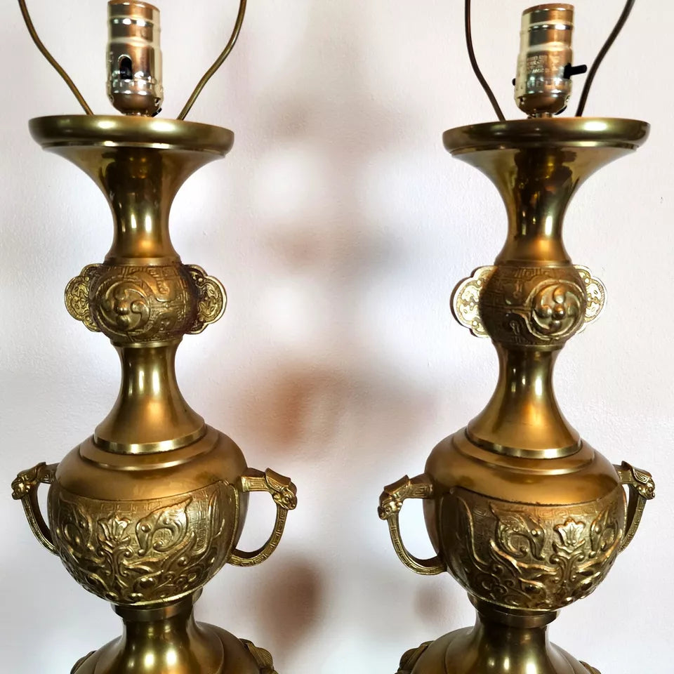 James Mont Style Foo Dog Chinoiserie Brass Lamps Vintage Pair