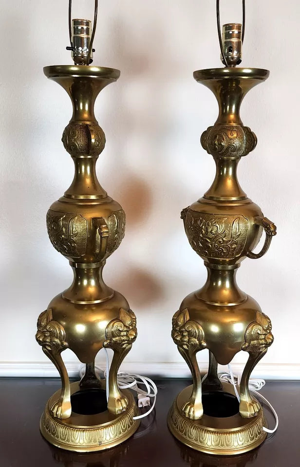James Mont Style Foo Dog Chinoiserie Brass Lamps Vintage Pair