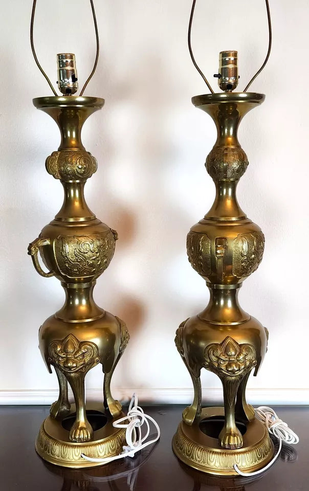 James Mont Style Foo Dog Chinoiserie Brass Lamps Vintage Pair