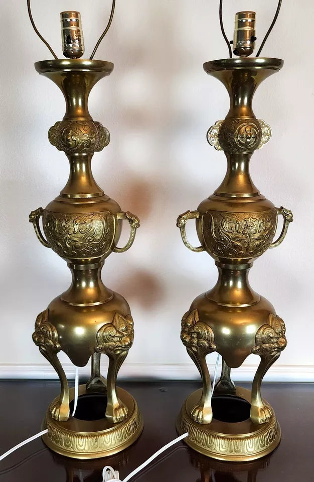 James Mont Style Foo Dog Chinoiserie Brass Lamps Vintage Pair