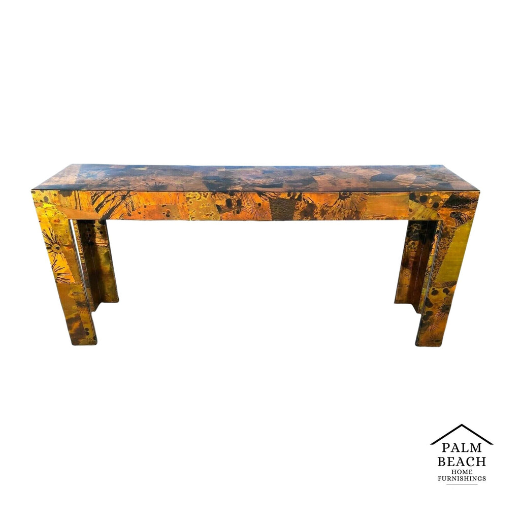 1970s Brutalist Copper Patchwork Console Table - Style of Paul Evans