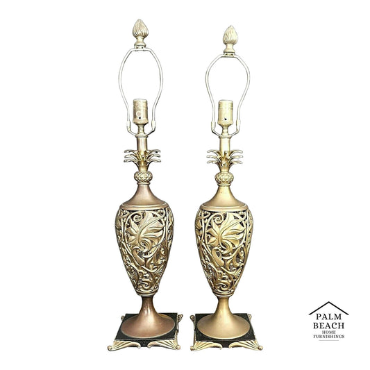 2 High-End Reticulated Pineapple Solid Brass Open Weave Scroll Body Table Lamps