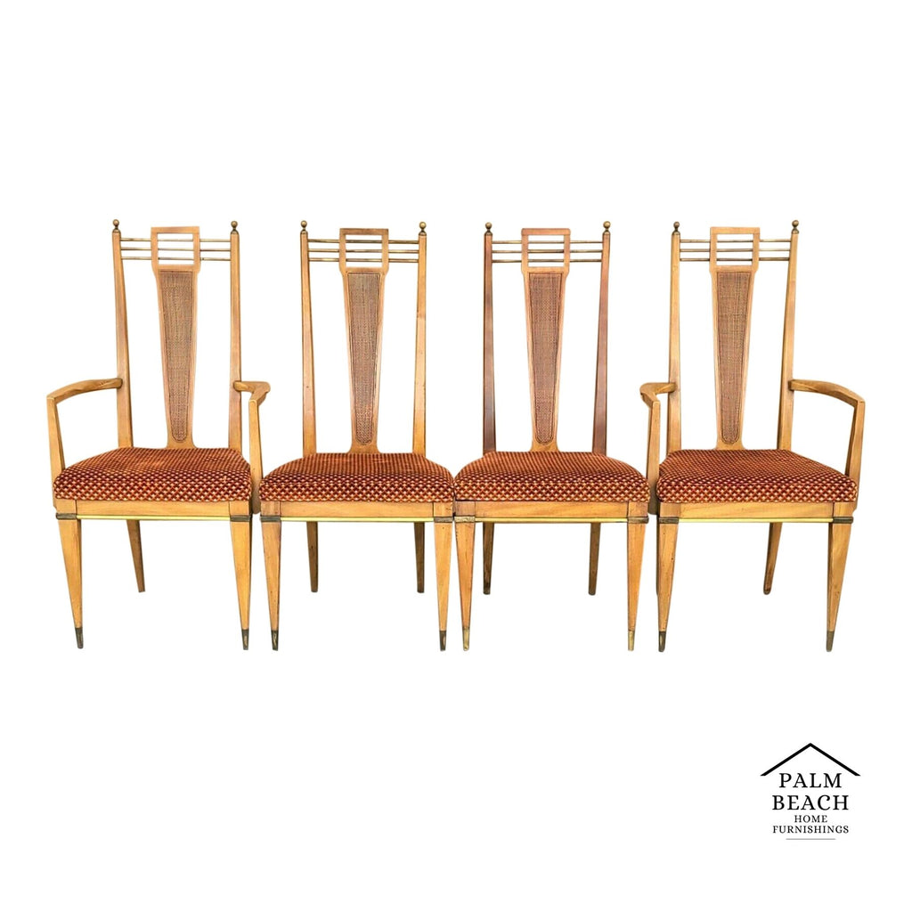 Set of 4 1950's MCM J L METZ Brass Solid Wood & Cane Dining Chairs