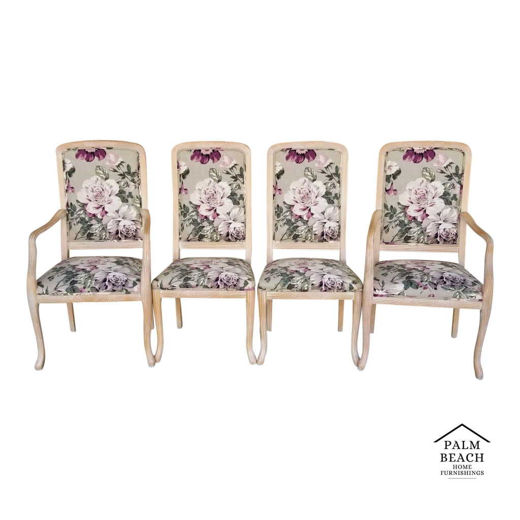 Carved Blonde Solid Wood Chintz Roses Dining Chairs - Set of 4