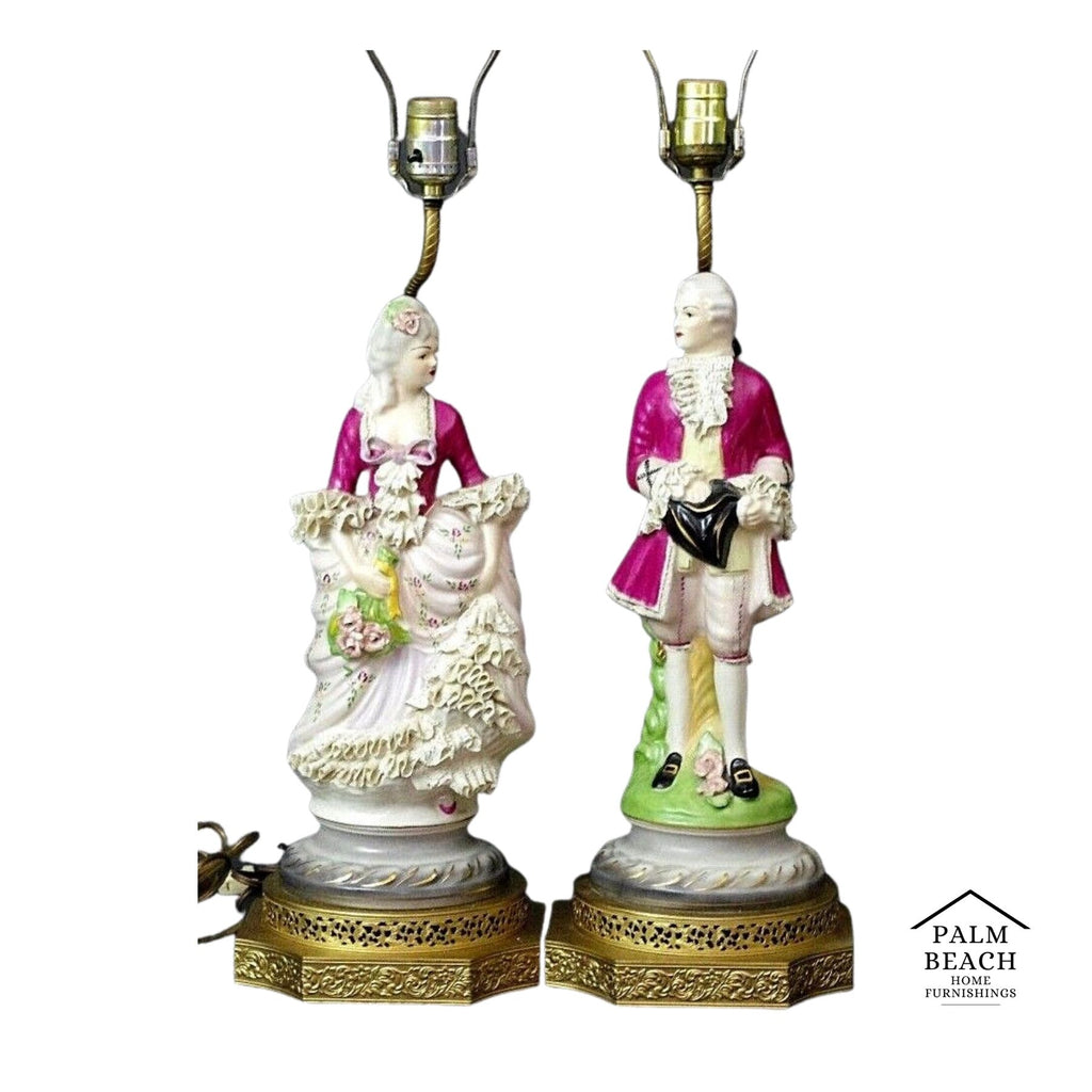 Vtg Pair Dresden Continental Chantilly Figural Victorian Porcelain Table Lamps