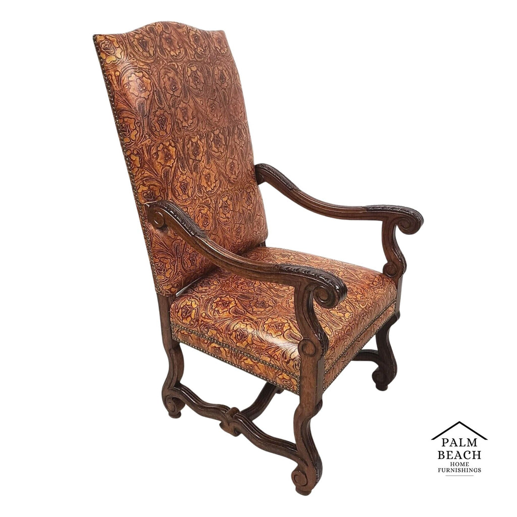 Antique French Hand Colored Tooled Leather Throne Armchair