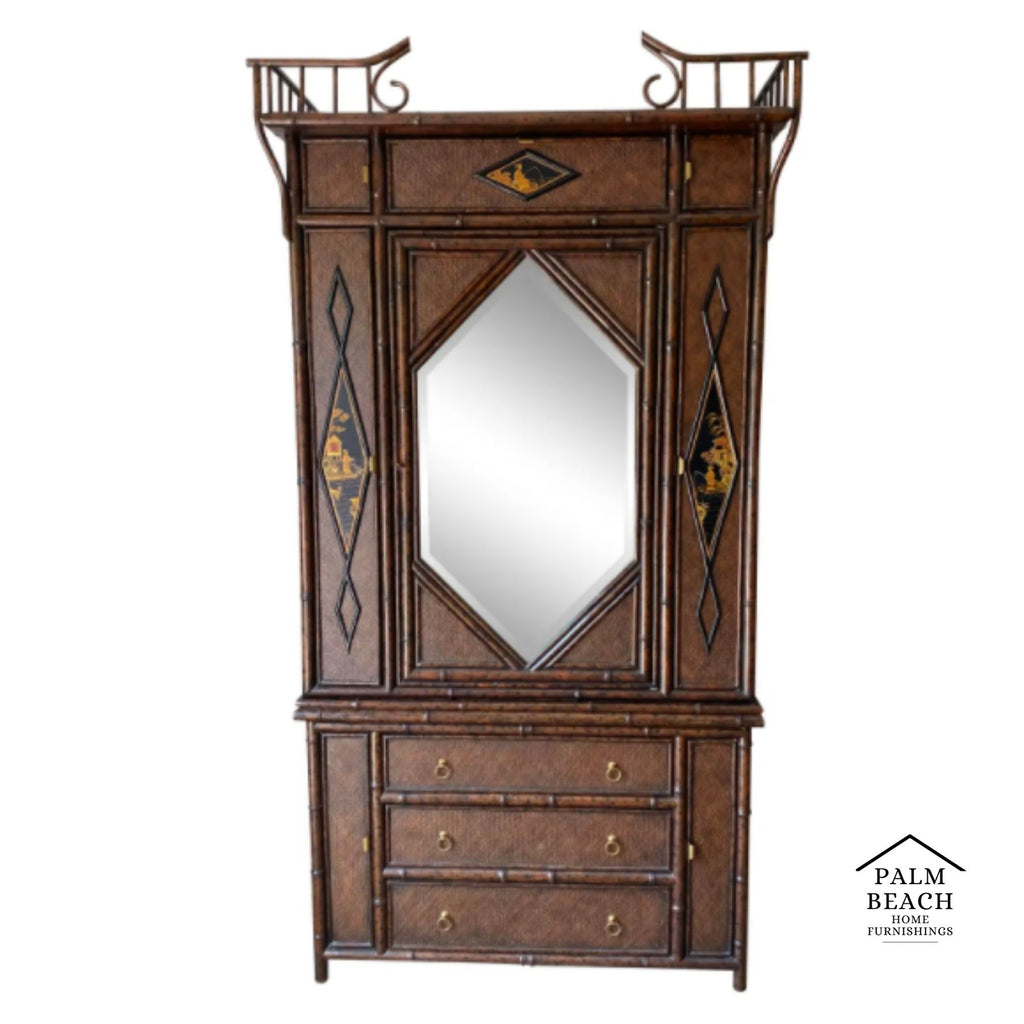 MAITLAND SMITH Asian Chinoiserie Chippendale Wardrobe Armoire Bamboo Wicker