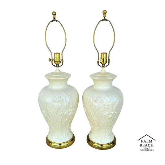 Vtg Pair of PAUL HANSON Ceramic Lamps with Embossed Iris Flowers in Cream/Ivory