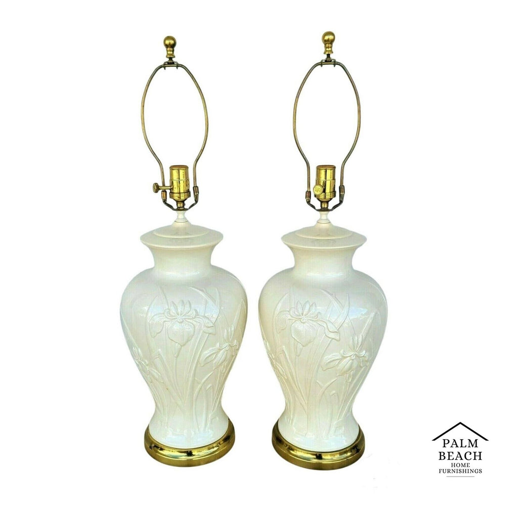 Vtg Pair of PAUL HANSON Ceramic Lamps with Embossed Iris Flowers in Cream/Ivory