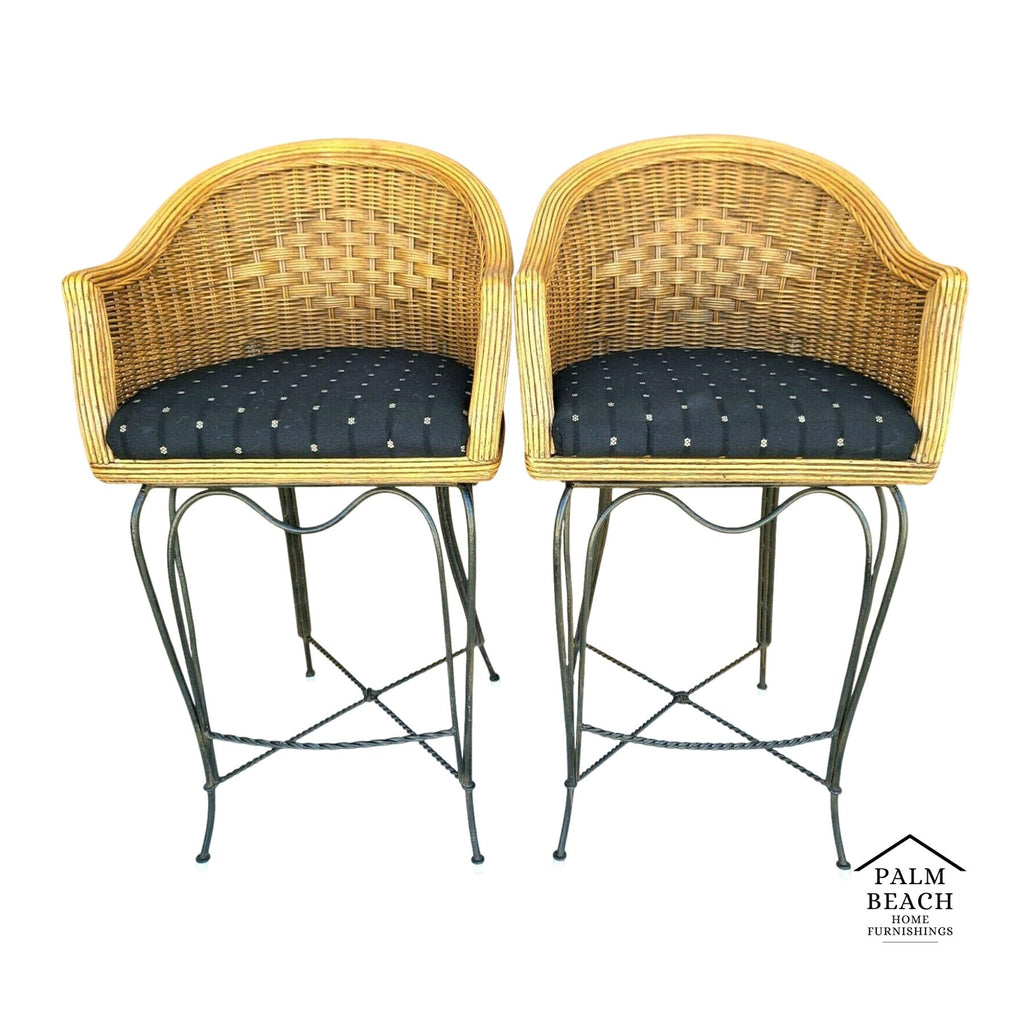 BRAXTON CULLER Wicker & Wrought Iron Swivel Barstools - A Pair