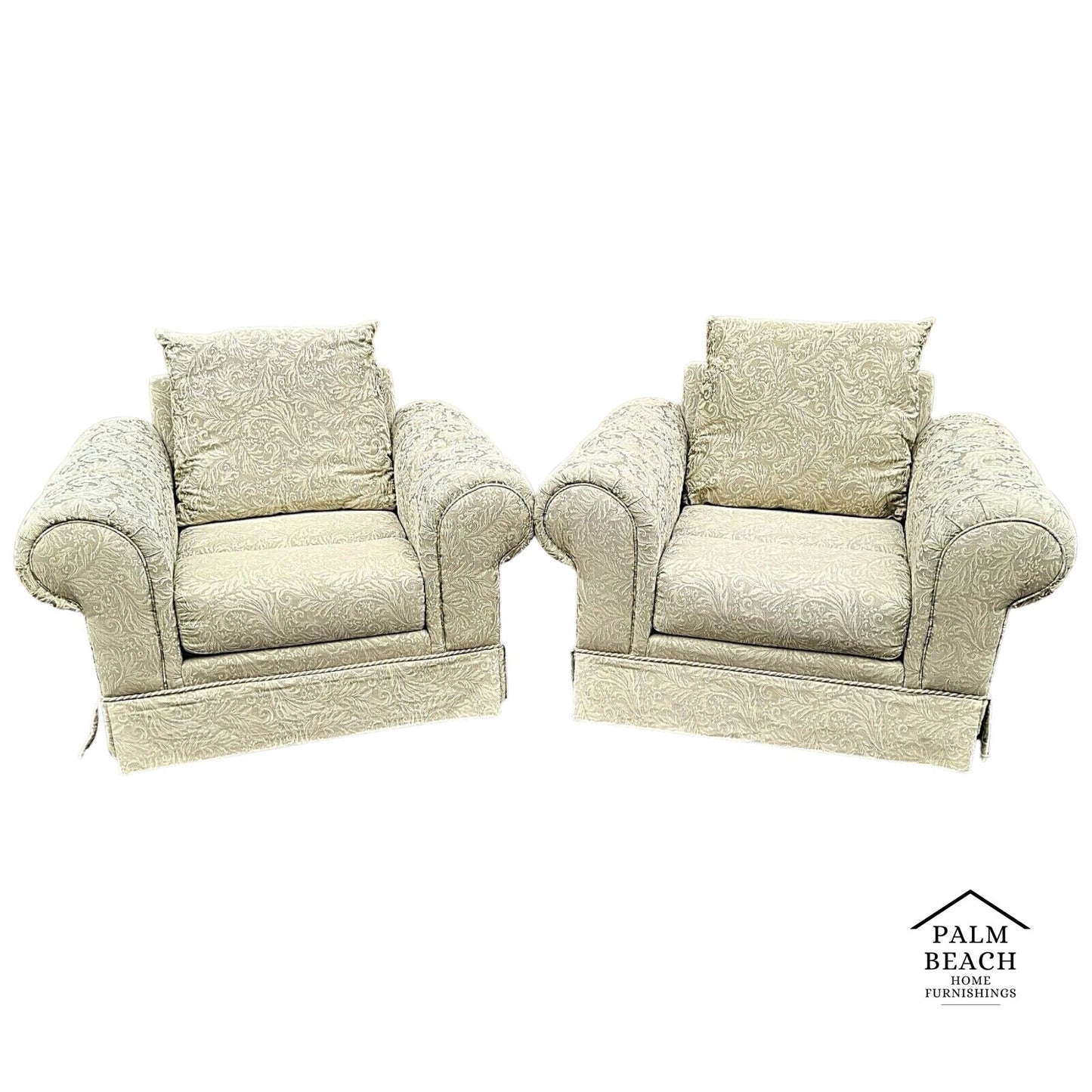 Pair of BARCLAY Tufted Roll Arm Oversized Damask Upholstered Lounge Club Chairs