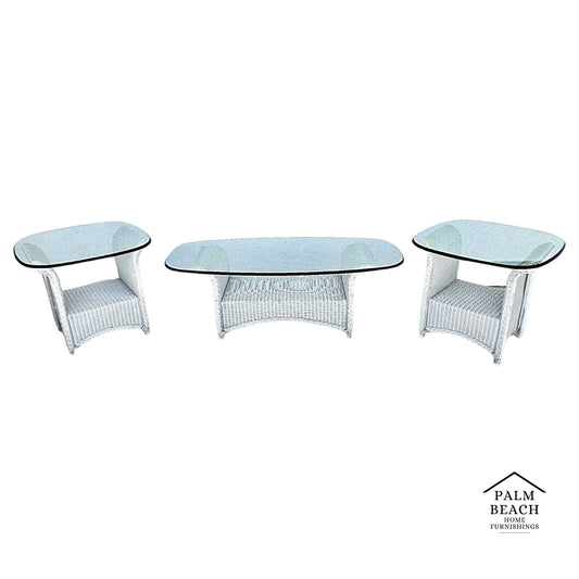 Vintage Set Of 3 LLOYD FLANDERS Loom Wicker Tables w Glass