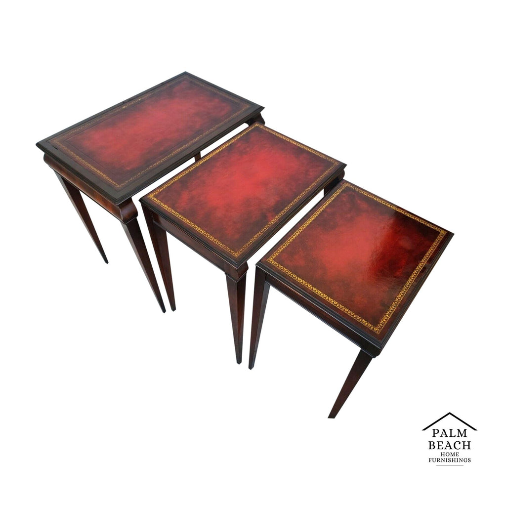 Mid Century Tooled Red Leather Mahogany Nesting Tables