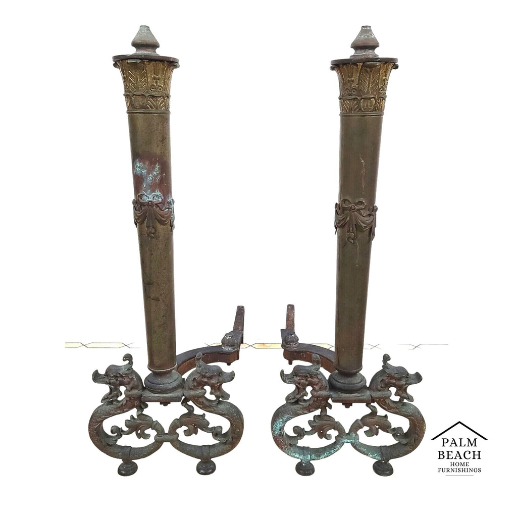 Antique Brass Dragons Fireplace Andirons - a Pair