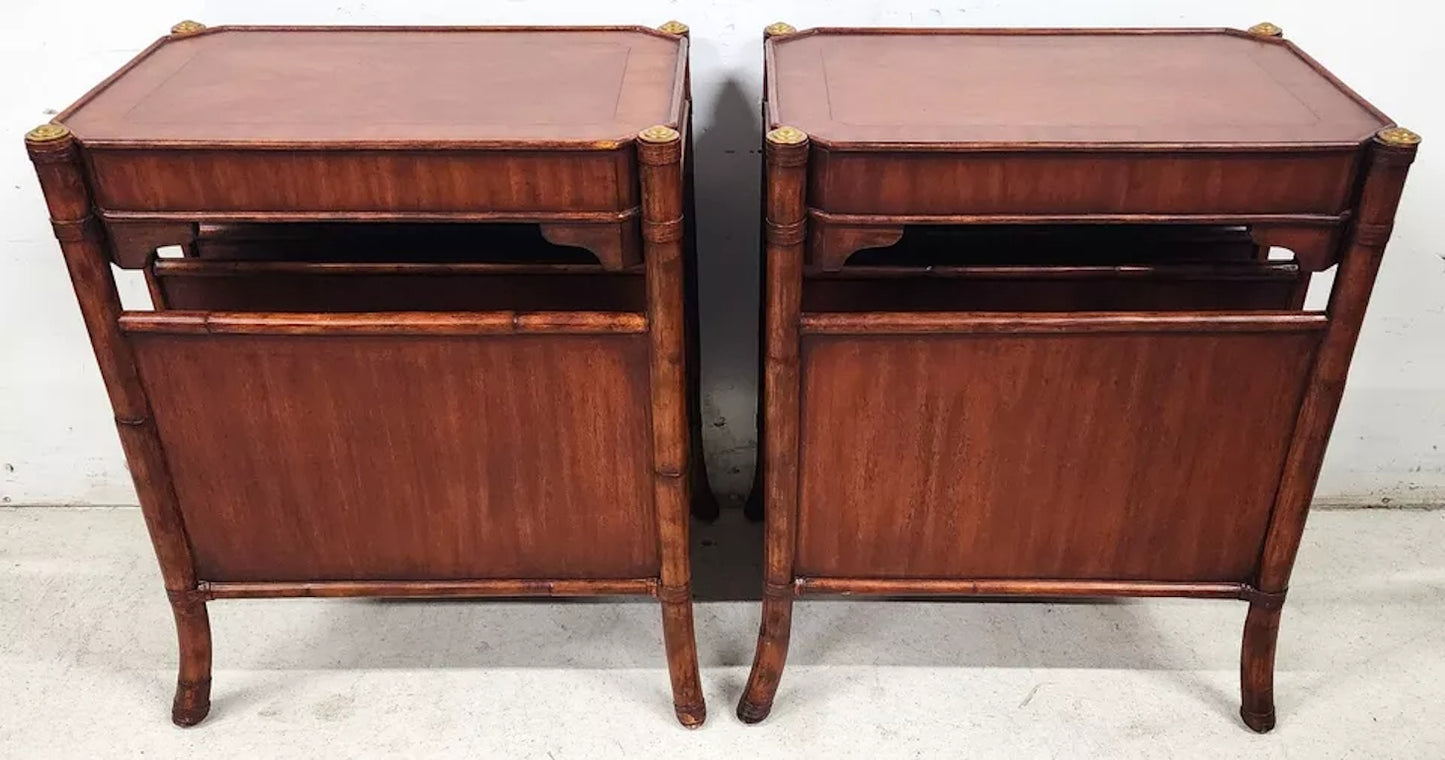 Mahogany Bamboo Rattan End Magazine Tables Pair