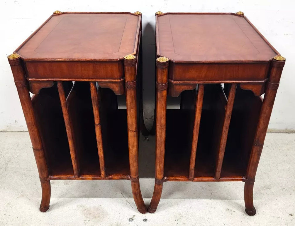 Mahogany Bamboo Rattan End Magazine Tables Pair