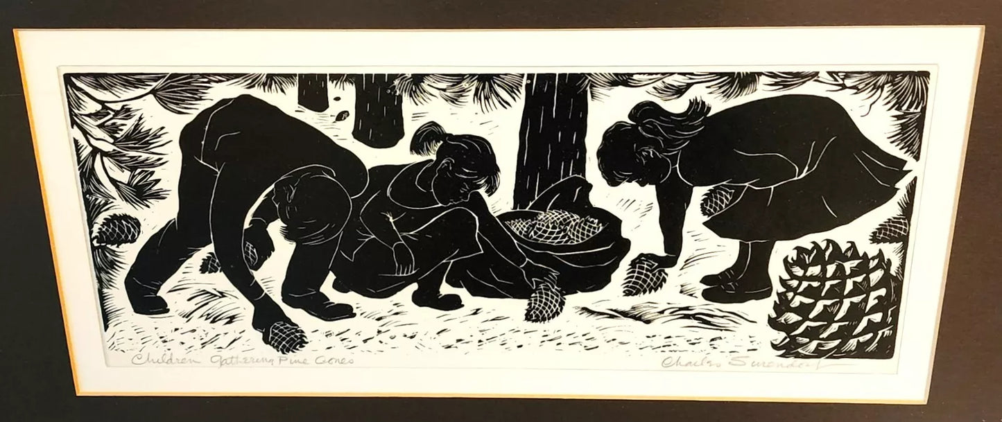 Charles F Surendorf Woodblock Children Gathering Pine Cones