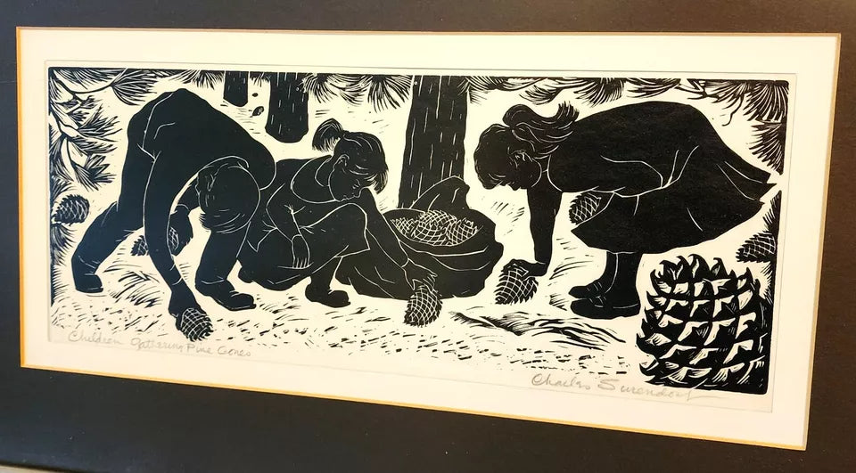 Charles F Surendorf Woodblock Children Gathering Pine Cones