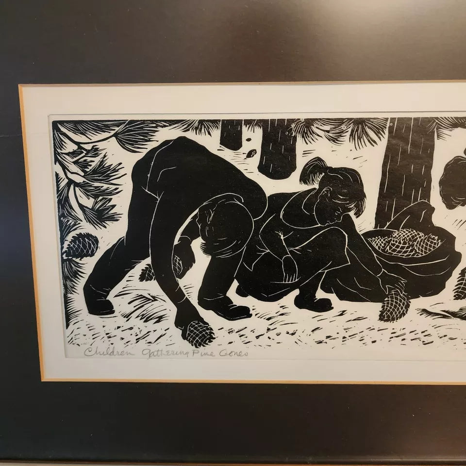 Charles F Surendorf Woodblock Children Gathering Pine Cones
