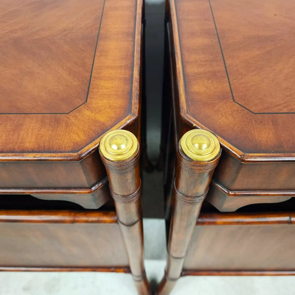 Mahogany Bamboo Rattan End Magazine Tables Pair